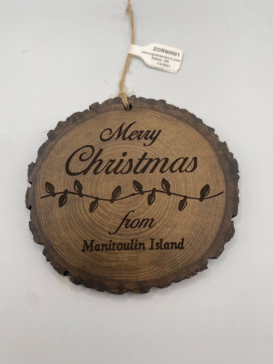Ornament- Merry Christmas Manitoulin Island (lights, dark wood)