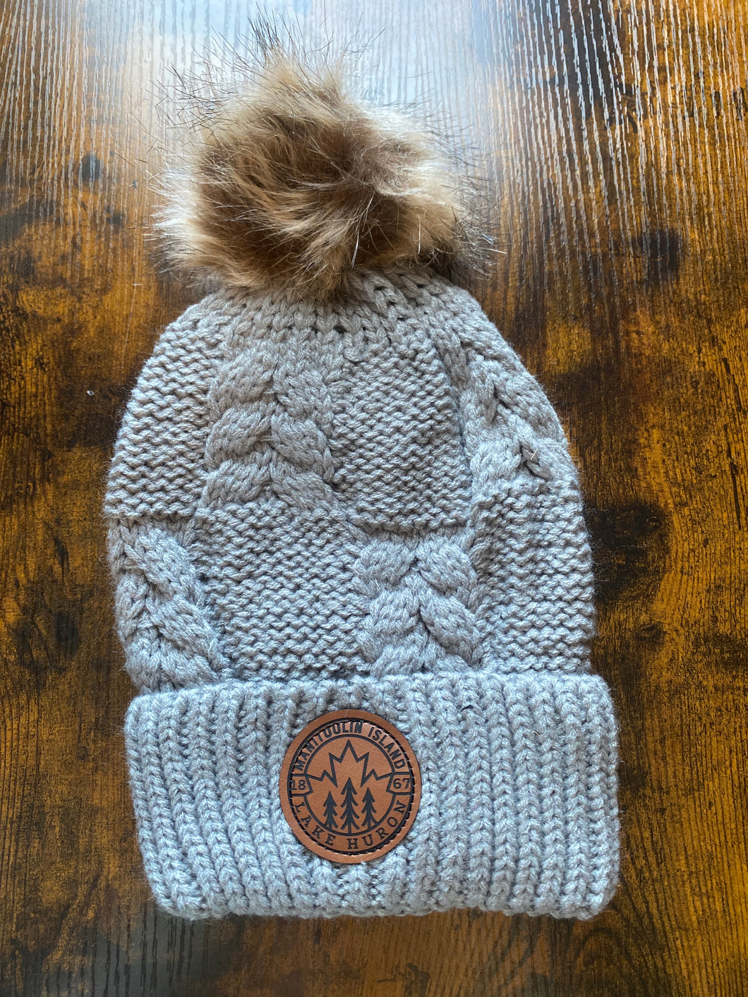 Manitoulin Island Lake Huron knit hat with patch and Pom